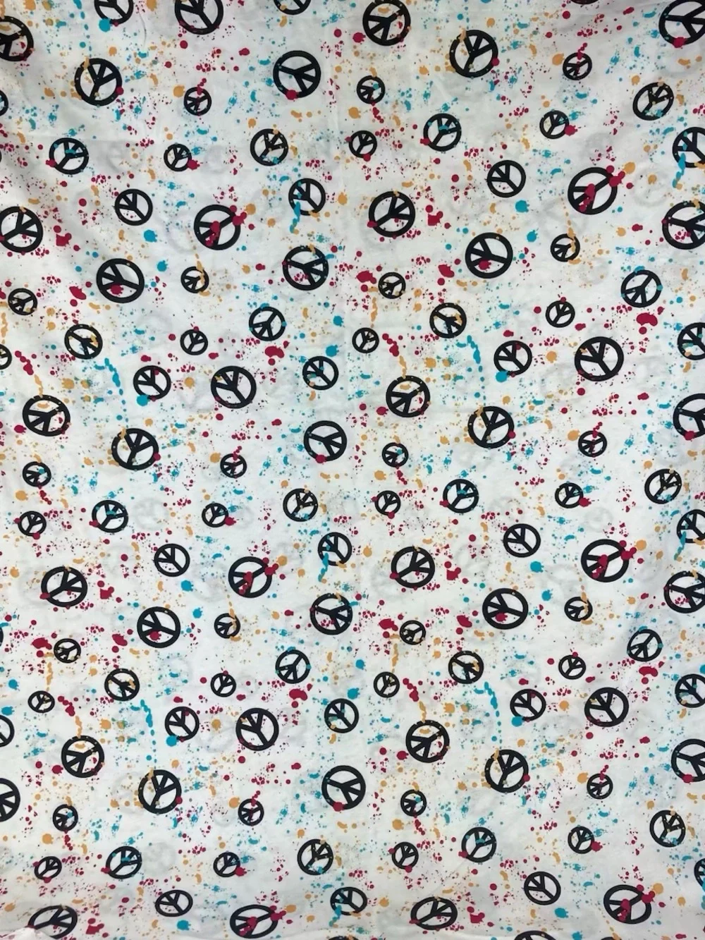 Peace Signs On White Paint Splatter Fabric 1 Yd X 64”